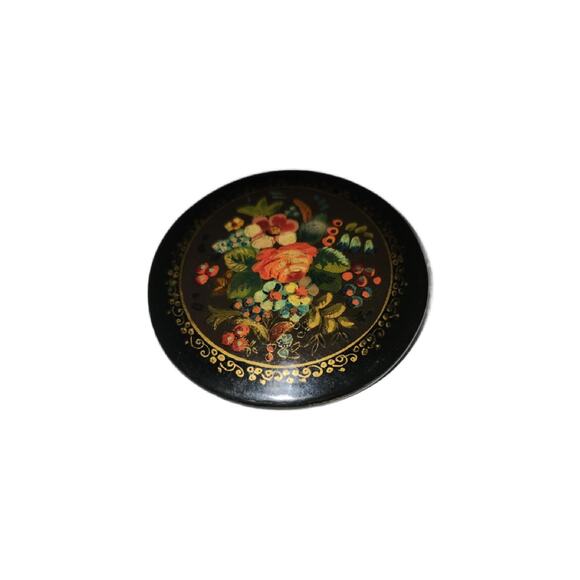 Vintage Jewelry - Vintage Russian Brooch Black Lacquered Flowers with Gold Gilt Pin Signed